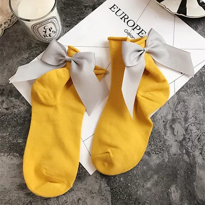 YellowGray Женские носки, хлопковые, японские, с большим бантом, одноцветные, Kerst Sokken, женские короткие милые носки, calcetines mujer, женские, x27s, рождественские носки - Цвет: YellowGray