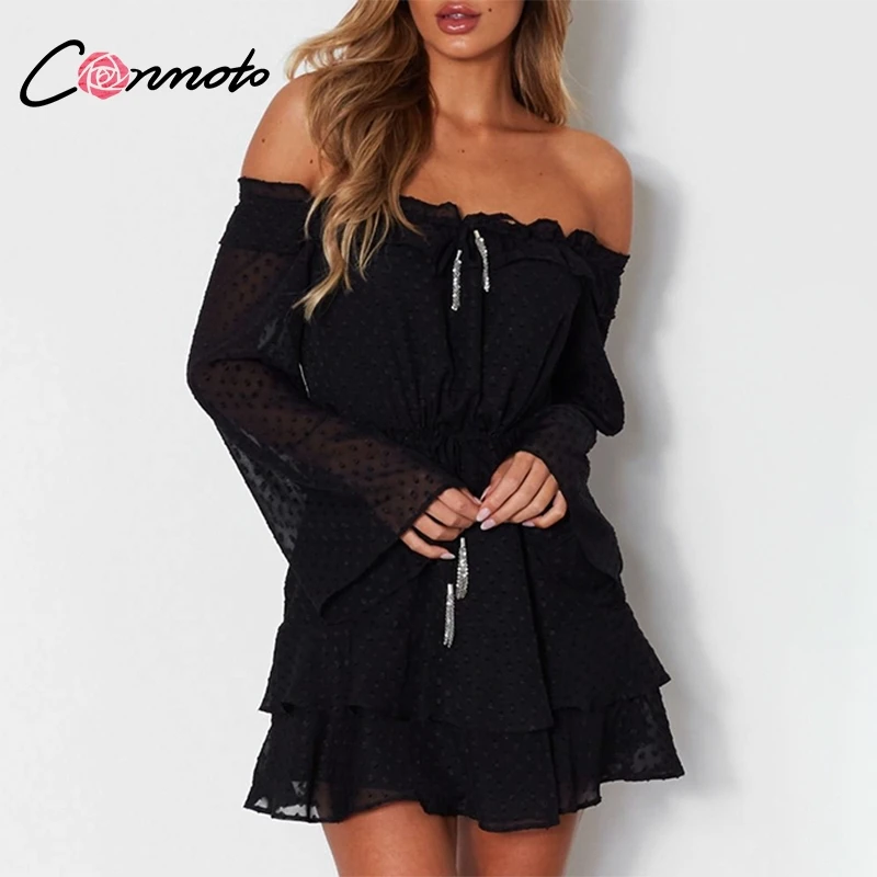 Conmoto с открытыми плечами Tassle платье оборками женские белые шифоновые в горошек
