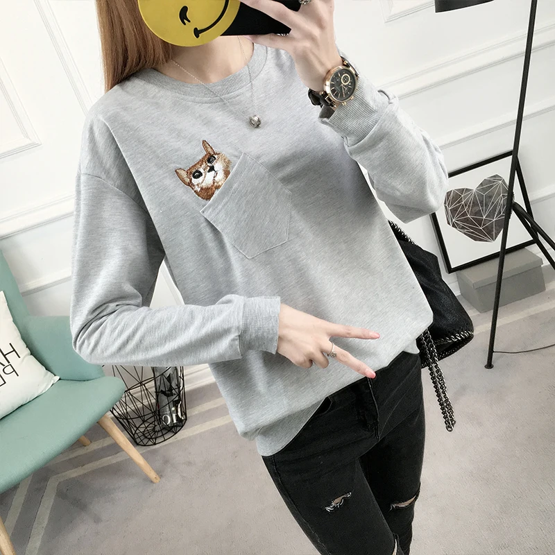 2017 Осенняя Новинка Харадзюку консервативный свободный карман Кот Вышивка