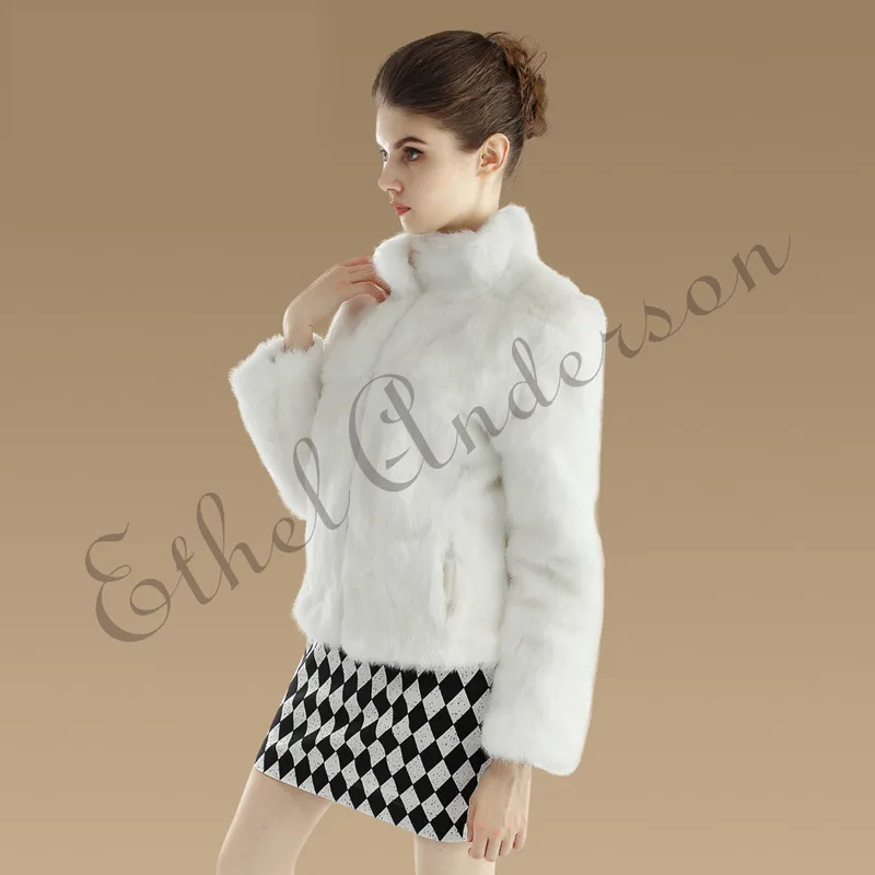 Ethel Anderson Women's Real Rabbit Fur Coat Stand-up Collar Design Jacket White/Black