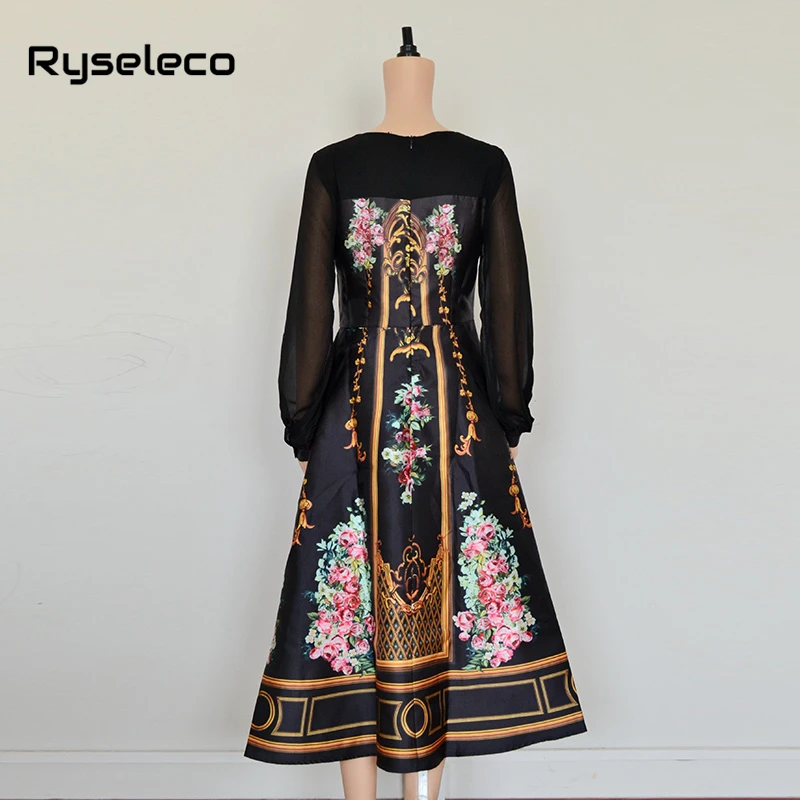 Ryseleco Для женщин осень Винтаж Королевский цветочные принты с длинными рукавами в