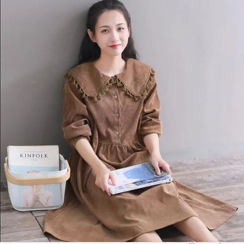 

Japan Style Kawaii Fringe Tassel Turn down Collar Corduroy Dress Women Autumn Winter Vintage High Waist Midi Plus Size Dresses