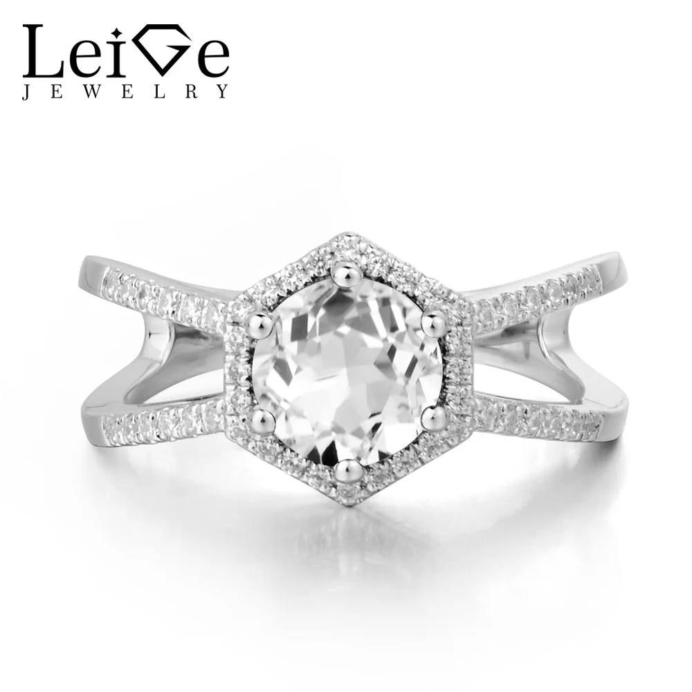 

Leige Jewelry Natural White Topaz Ring Wedding Rings Round Cut Gemstone 925 Sterling Silver November Birthstone Ring for Her