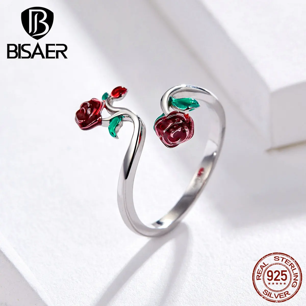 BISAER, 925 пробы, Серебряная роза, цветок, кольца, роза на палец, регулируемые, открытый размер, кольца на палец для женщин, серебряные ювелирные изделия EFR051