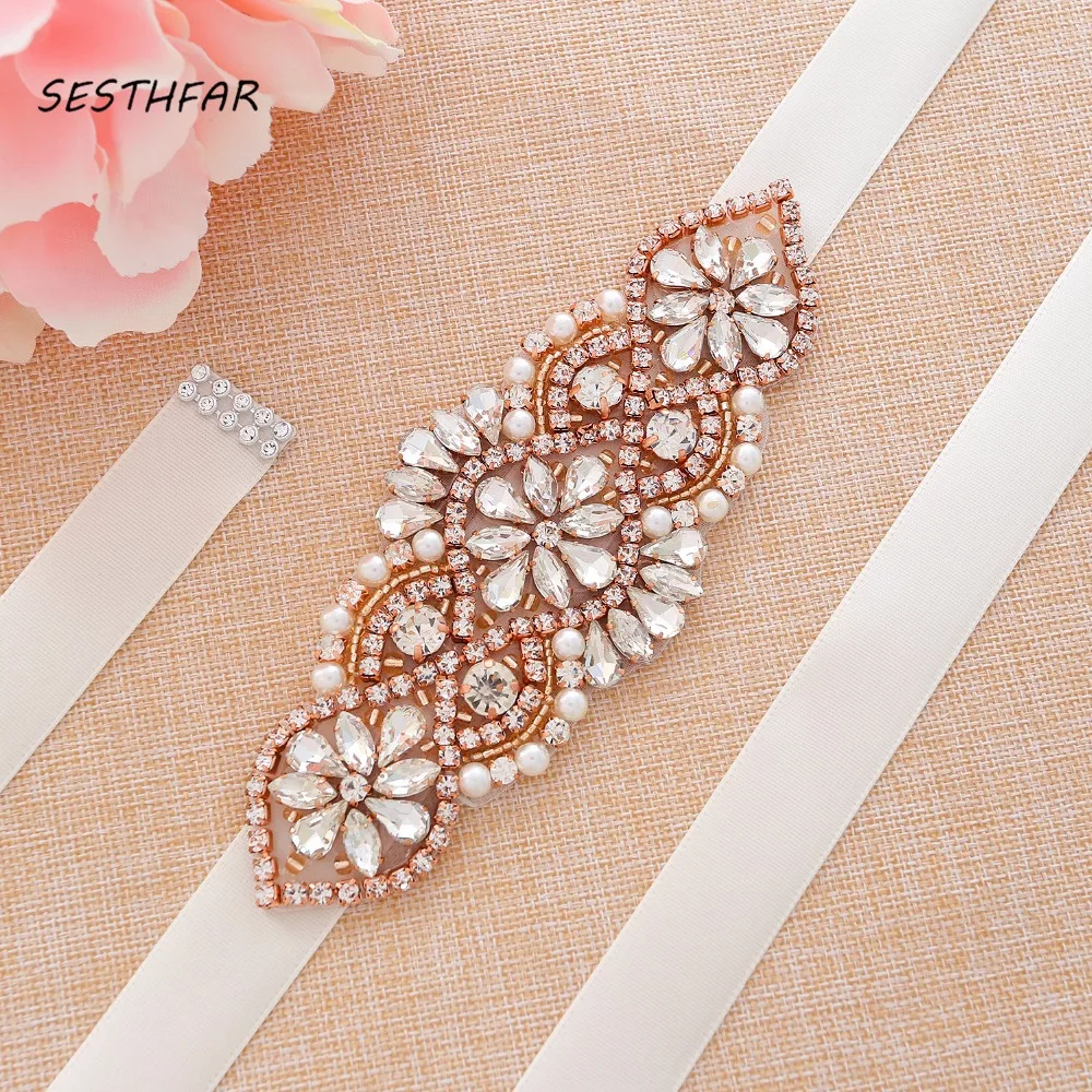 

SESTHFAR Crystal Wedding Dress Belt Rose Gold Rhinestone Bridal Belt Handmade Pearl Bridesmaid Sash For Bridal Accessories