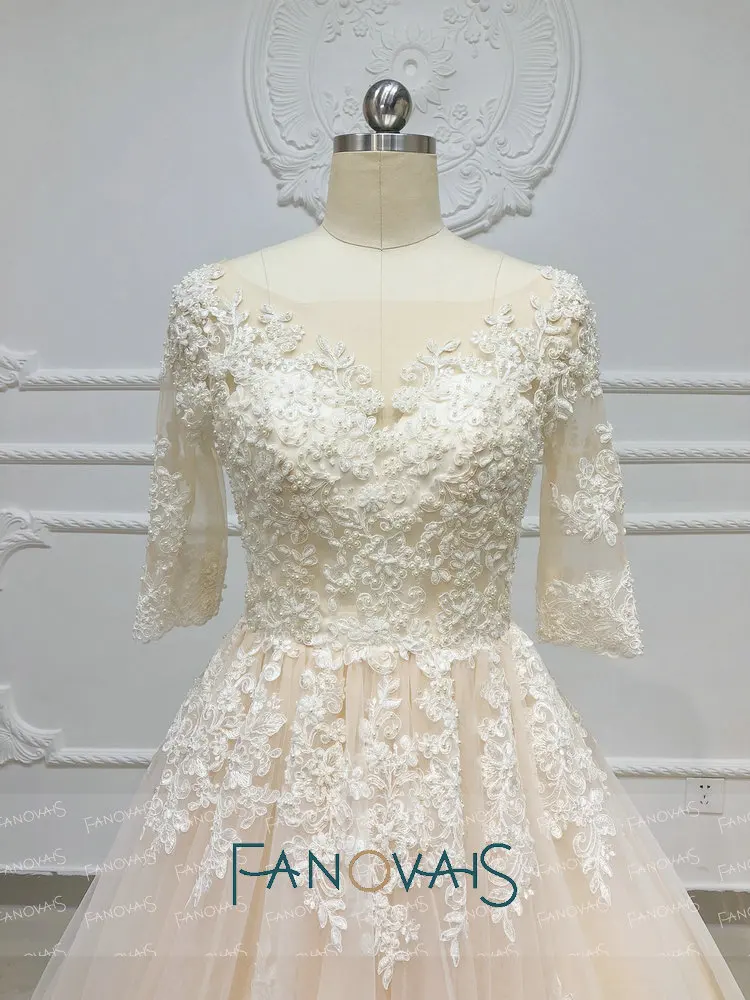 Champagne Wedding Dresses Long Sleeves Ball Gown Vintage Lace Gowns Vestido De Novia Plus Size Robe Mariee Pearls | Свадьбы и