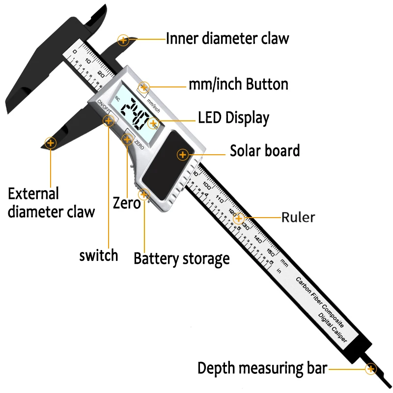 

0-150MM Digital Vernier Caliper Carbon Fiber Caliper Power By Solar Energy