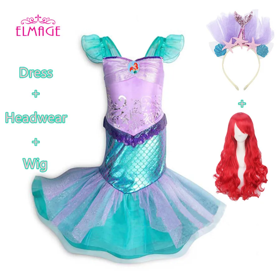 Mermaid-headwear-wig Розовое платье принцессы для девочек для костюмированной вечеринки с единорогом; карнавальный костюм на день рождения Ариэль; Костюм Русалки для косплея; Одежда для девочек - Цвет: Mermaid-headwear-wig