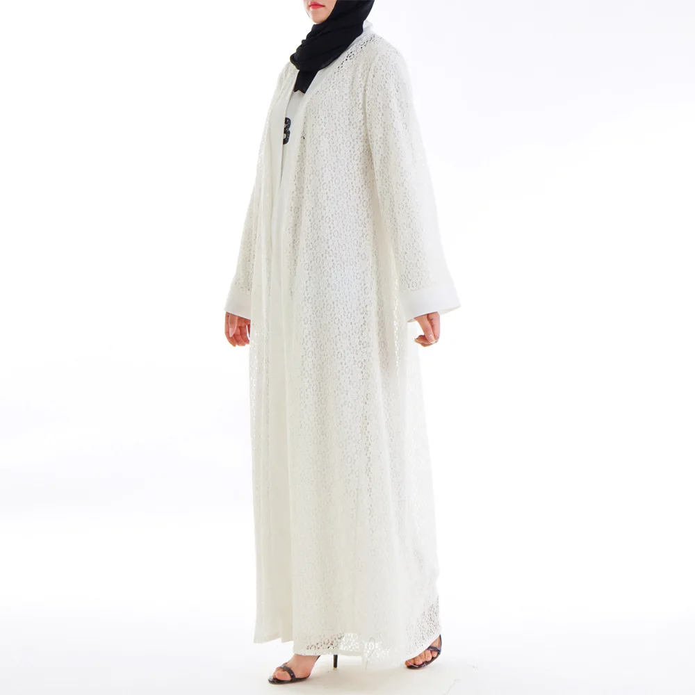 Спереди Открытое abaya Дубай белое кружевное женское мусульманское платье хиджаб Бангладеш Турция турецкий кардиган Болеро Кафтан Исламская одежда