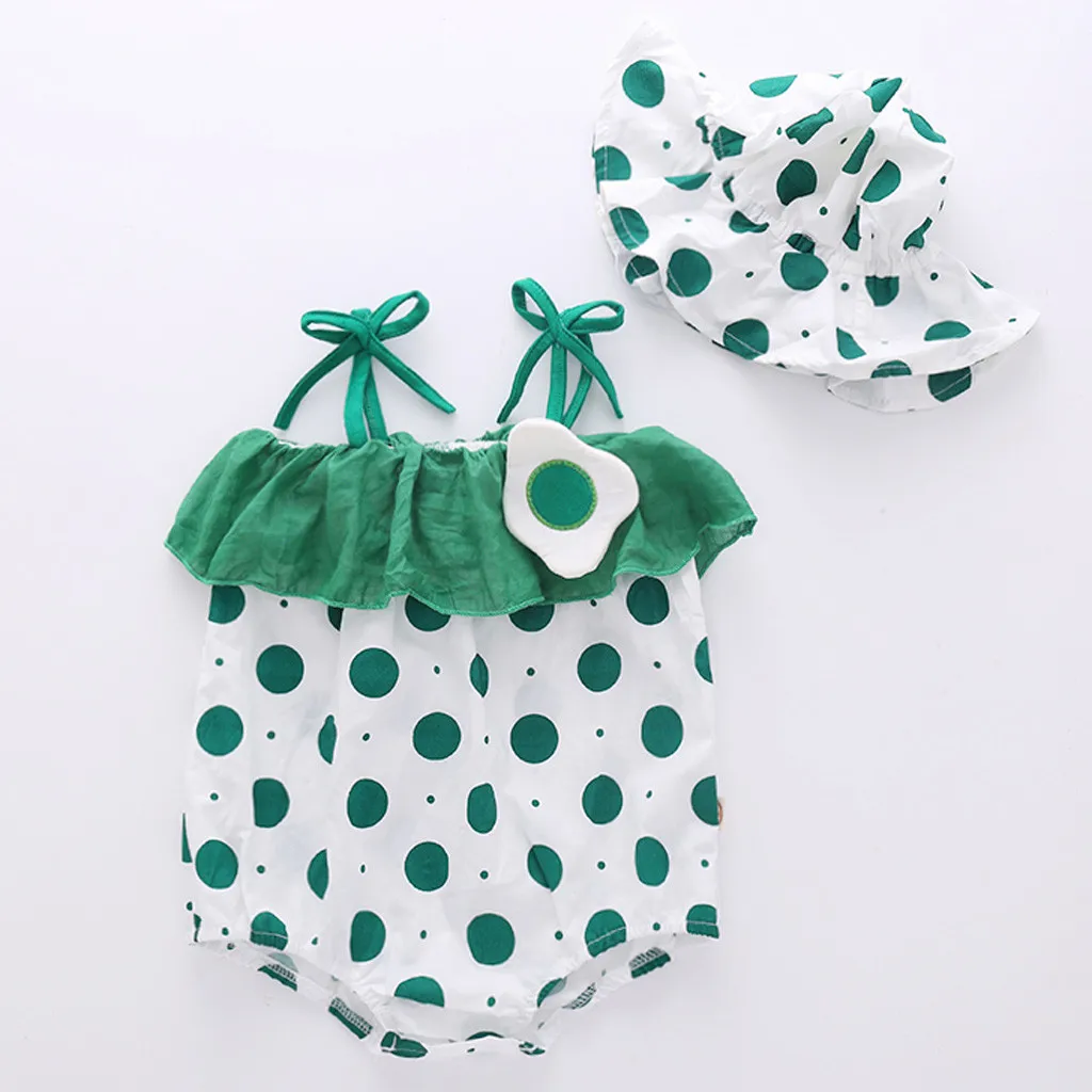 

2019 Summer Fashion baby romper Newborn Infant Baby Girls Straps Ruffled Dot Print Romper Sunsuit Hat Bodysuit