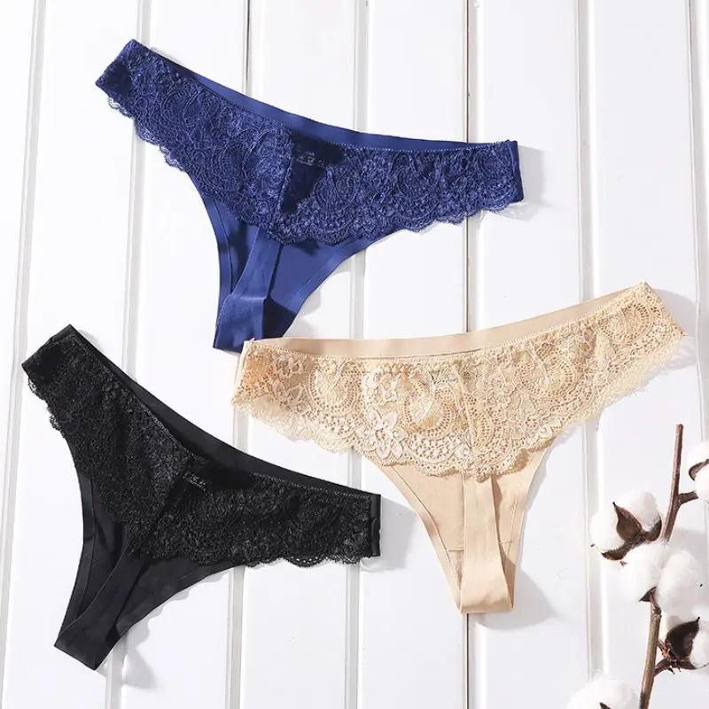 

Sexy Thong Women Ice Silk Panties Lace Underwear Briefs Low Waist Underwear G-Strings T Back Female Panties