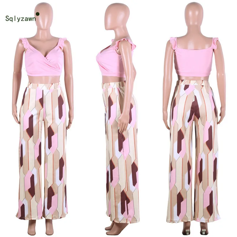 Women 2 Piece Outfits V Neck Ruffle Sleeve Crop Top with Printed Long Palazzo Pants Sets Streetwear Wide Leg Beach Clothes | Женская