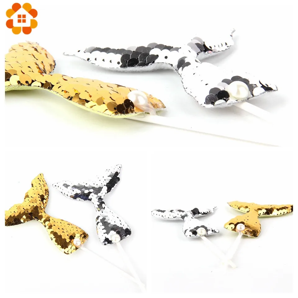 7Set/Lot Birthday Cake Toppers Cute Glisten Mermaid Theme Party Cupcake Decoration Tail Sequins Pearl Fashion Supplies | Дом и сад