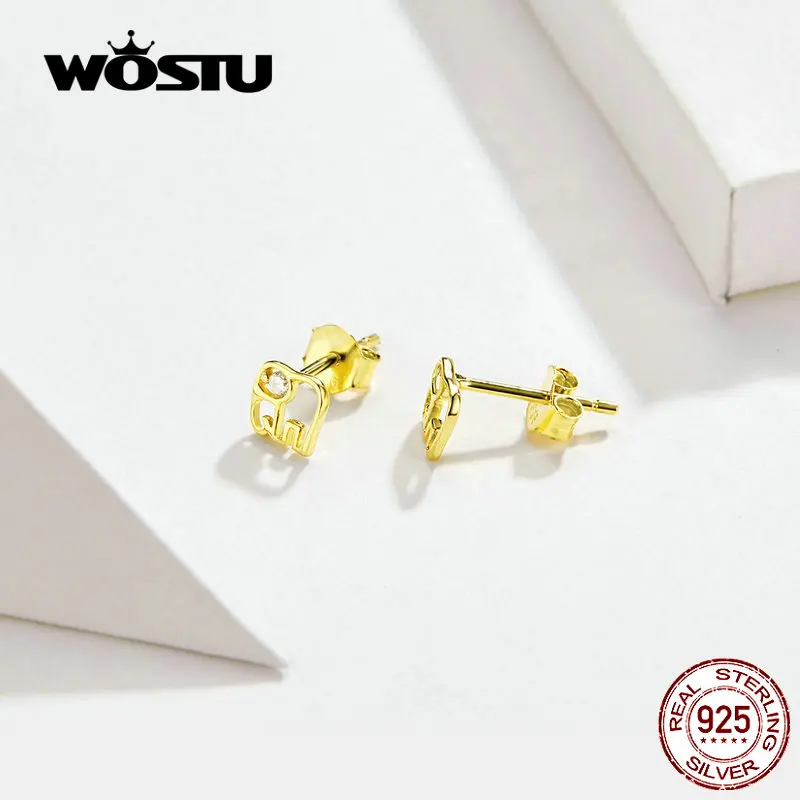 WOSTU, серьги-гвоздики в форме слона, 925 пробы, серебро, циркон, Золотые серьги для женщин, модные ювелирные изделия, подарки CQE661-GD