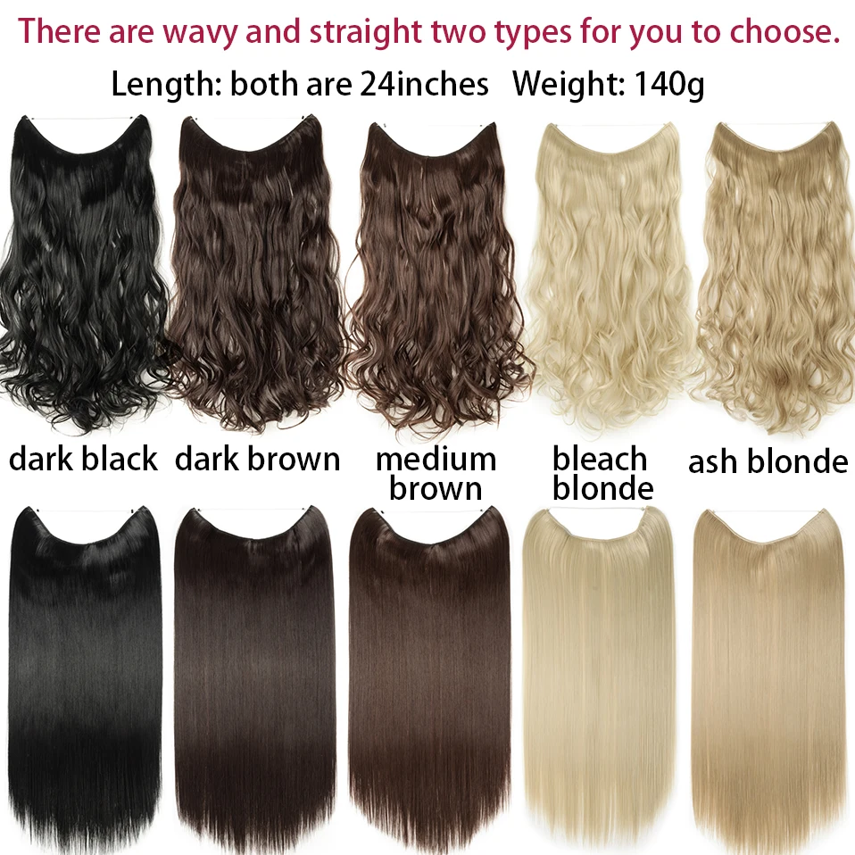 BENEHAIR Synthetic No Clips in Hair Extension 24'' Hidden Fish Line Hair Invisible Wire Natural Hair Hairpieces For Women