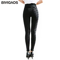 bivigaos spring summer fashion womens black casual elastic high waist leggings trousers pocket pencil pants skinny slim female