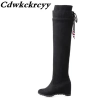 winter wool yarn over the knee boots internal increase sexy high heeled lean leg elastic force women boots plus size 34 43