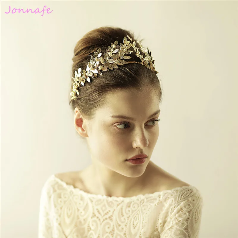 Jonnafe 2017 Золотая Корона в виде листьев свадебная тиара головная повязка с жемчугом