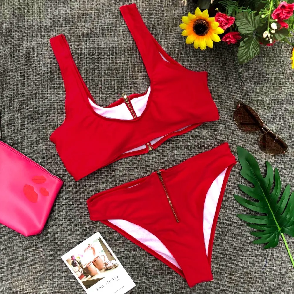 

Sexy Zipper Bikini 2019 Solid Swimwear Split Women Push-up Swimsuit Brazilian Biquini High Cut U Neck Padded Swimwear