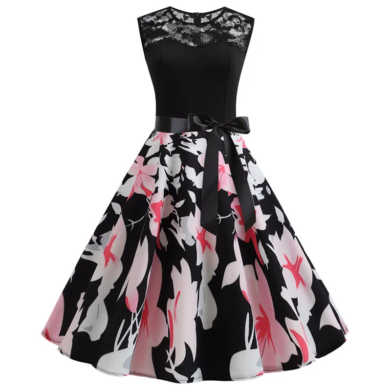 Женское летнее платье в стиле ретро черное кружевное лоскутное винтажное без