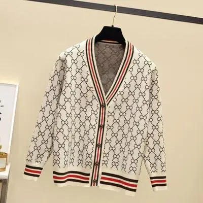 Beige Осень вязаный женский свитер кардиган модный принт v-образный вырез длинный рукав вязаный свитер женский плюс размер женские топы - Цвет: Beige