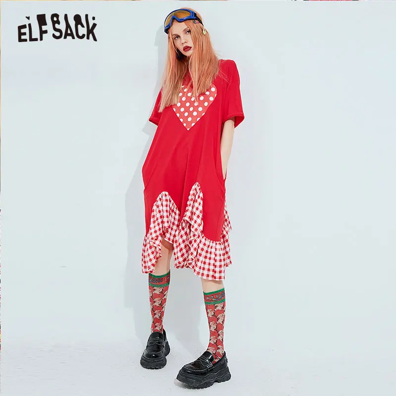 Женское хлопковое платье в горошек ELF SACK красное свободное повседневное с
