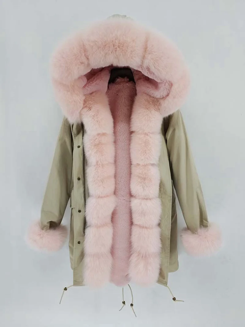Новое поступление Женская парка с натуральным лисьим мехом пальто с капюшоном и воротником наивысшего качества Зимняя теплая верхняя одежда S8201 - Цвет: Khaki - Pink