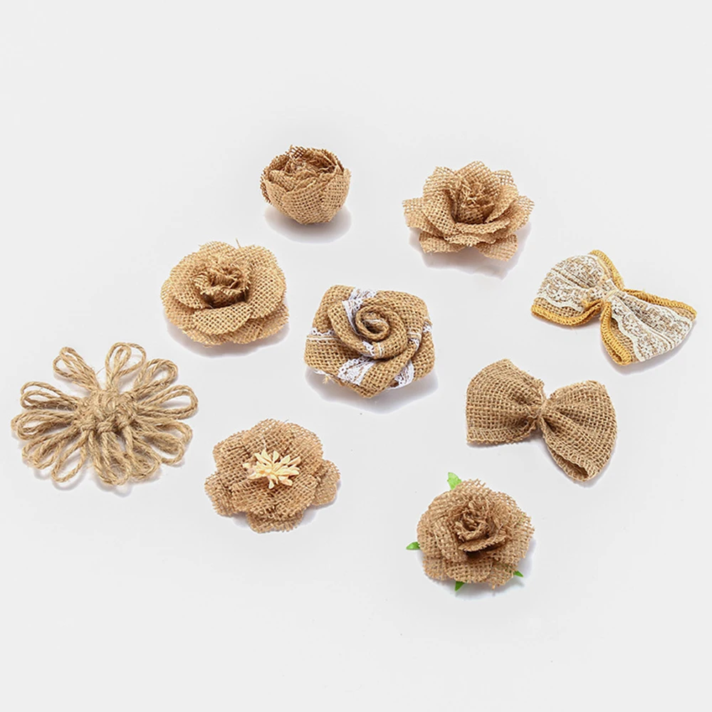 Wedding Party Decoration Craft Delicate Vintage Hessian Jute Hat Rose Beauty Flower 9 pcs Burlap DIY |