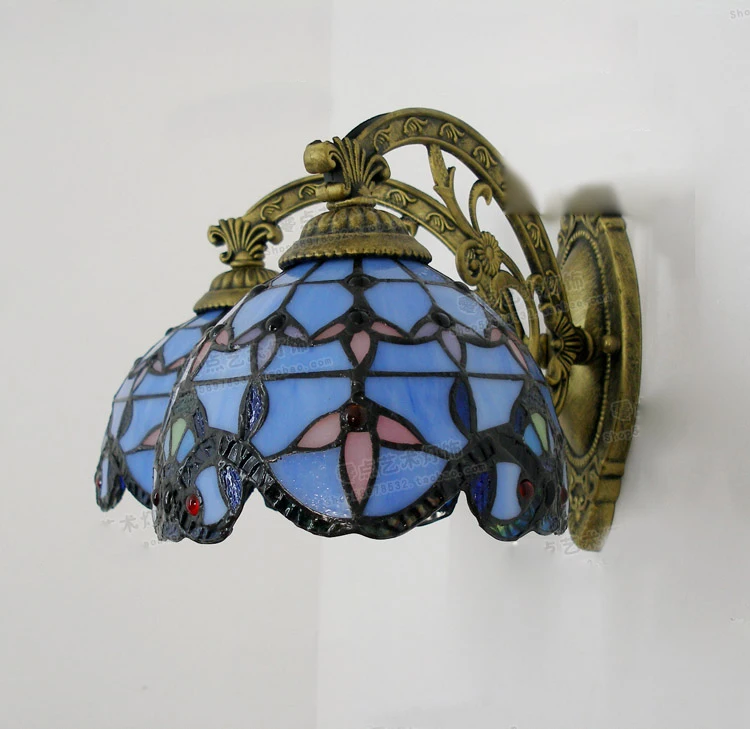 

Vintage Tiffany Mediterranean style Baroque Blue glass LED Wall Sconce Indoor Lighting Lamp E27 AC 110/220V Double Wall Light