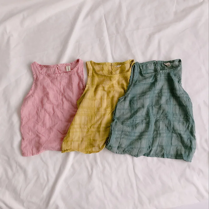 Футболки для девочек 2018 летние детские хлопок без рукавов в клеточку Детская