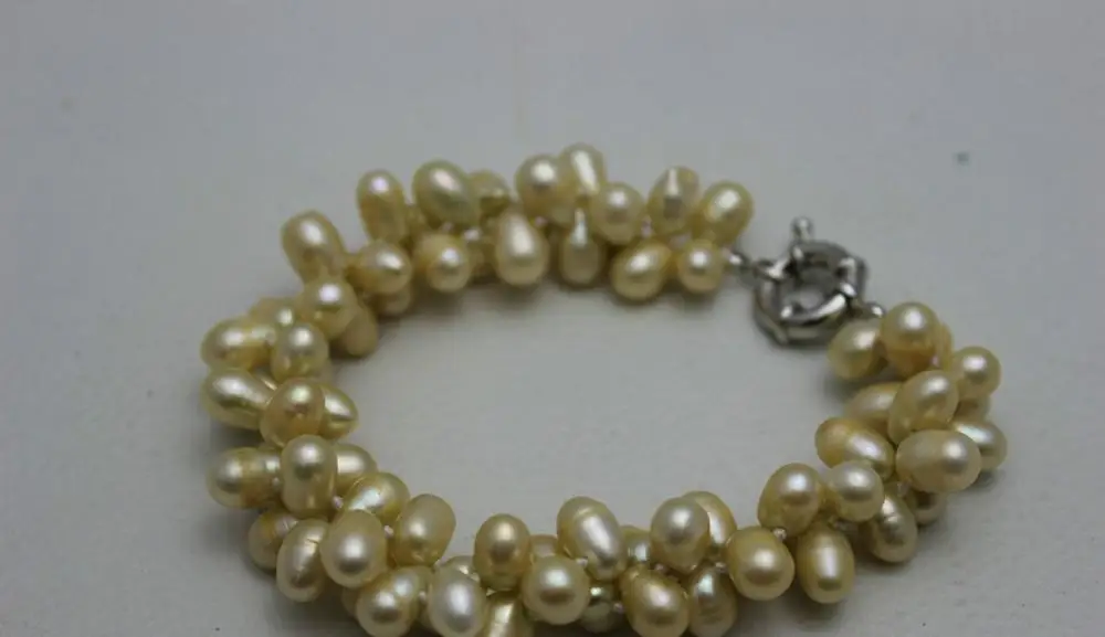 2strands twist Champagne Beaded freshwater pearl bracelet &quotHandmade&quotAlloy 9INCH &gt&gtfree shipping | Украшения и