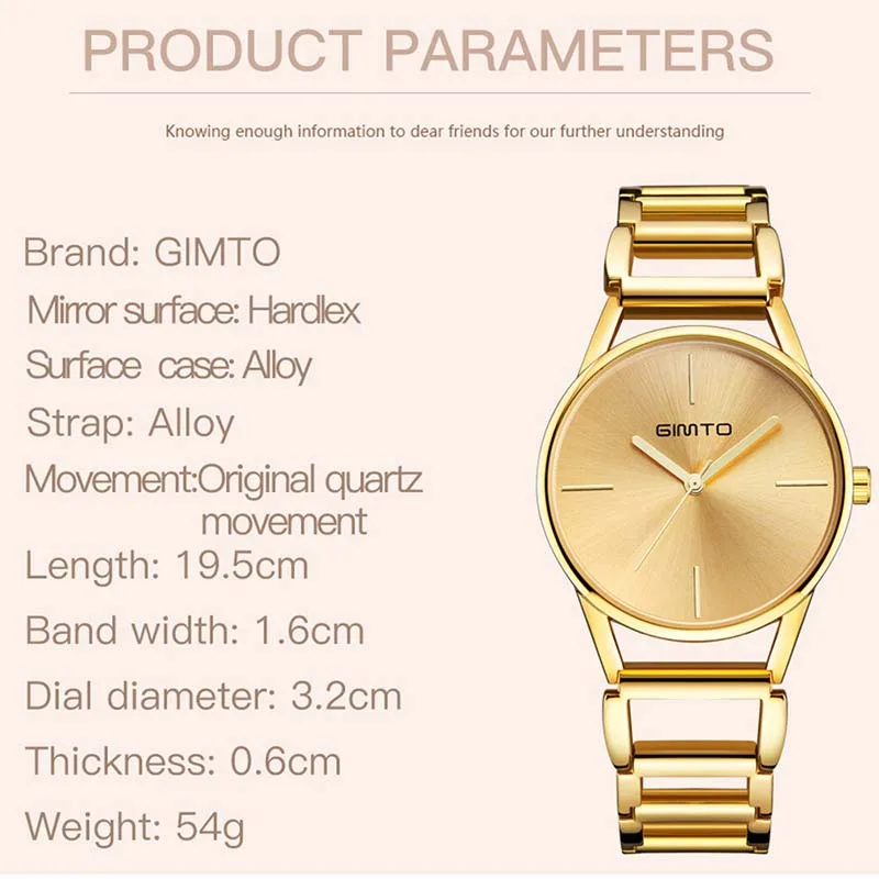 GIMTO Брендовые женские золотые часы браслет с полым стальным платьем Кварцевые