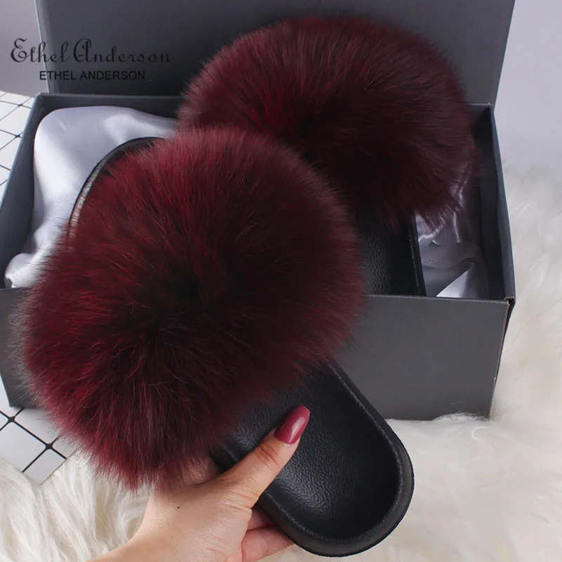 Wine Red Fox Fur ETHEL ANDERSON/меховые тапочки; женские шлепанцы из натурального Лисьего меха; меховые сандалии на плоской подошве; Женская милая пушистая обувь - Цвет: Wine Red Fox Fur