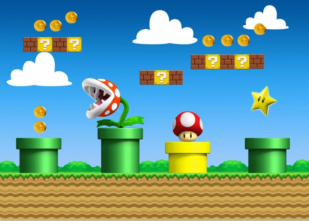 7x5FT Super Marie Bros Mushroom Coins Custom Photo Studio Backdrop Background Vinyl 220cm x 150cm | Электроника