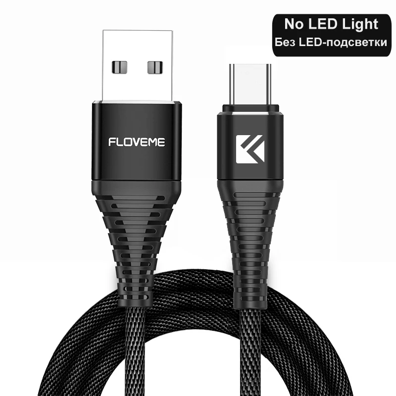 Светодиодный кабель FLOVEME type-C для samsung Galaxy S10E S10 Plus, кабель usb type-C для быстрой зарядки Xiaomi Redmi MI8, Кабель зарядного устройства - Цвет: Black With No LED