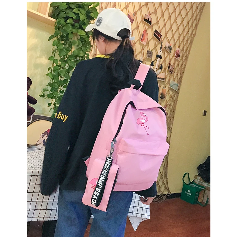 Harajuku school bag female Korean version of ulzzang high school students flamingo print campus college wind canvas backpack