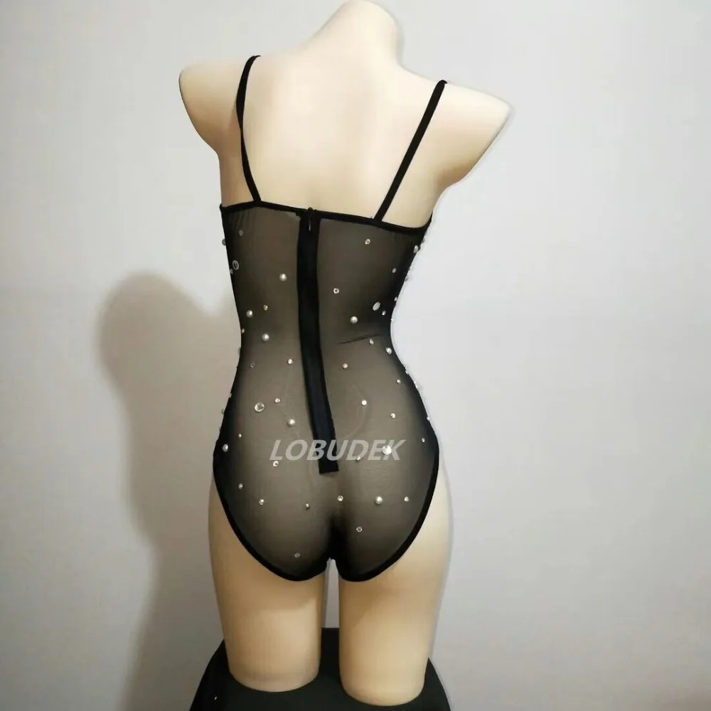 Nightclub Sparkly Rhinestones Black See-through Bodysuit Sexy Backless Skin Color Mesh Jumpsuit Lady Singer Adult Stage Costume images - 6