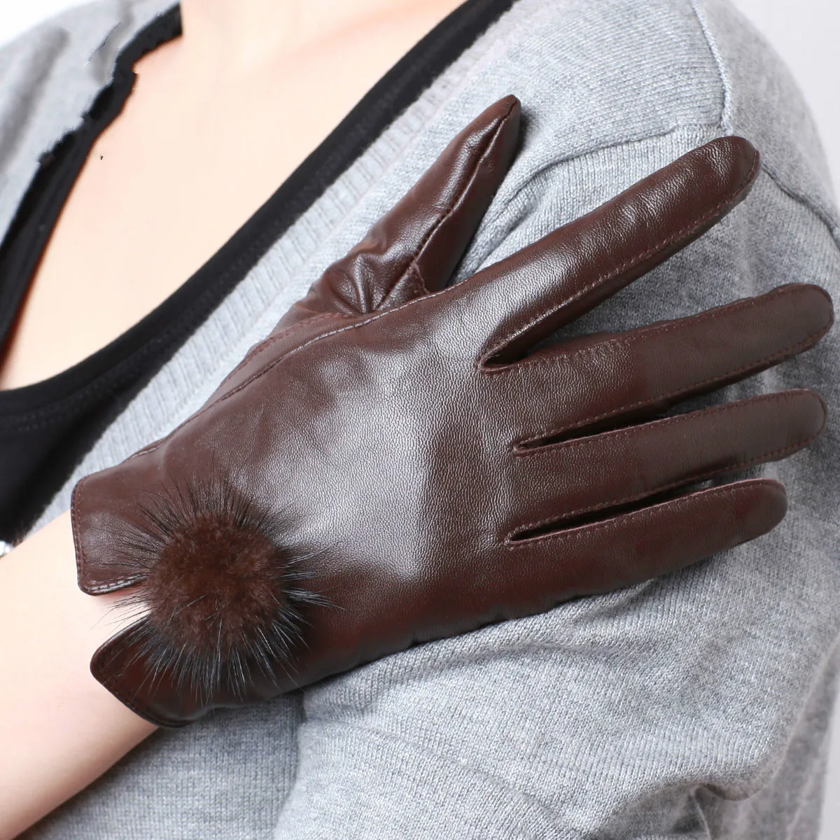 Модные зимние женские черные коричневые перчатки из натуральной кожи овчины