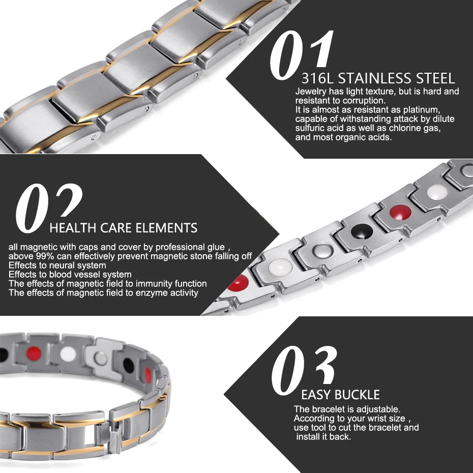 

WelMag Fashion Stainless Steel Men's Bracelet Gold Magnetic Negative ion Charm Bracelets Bangles Male Dropship 2020