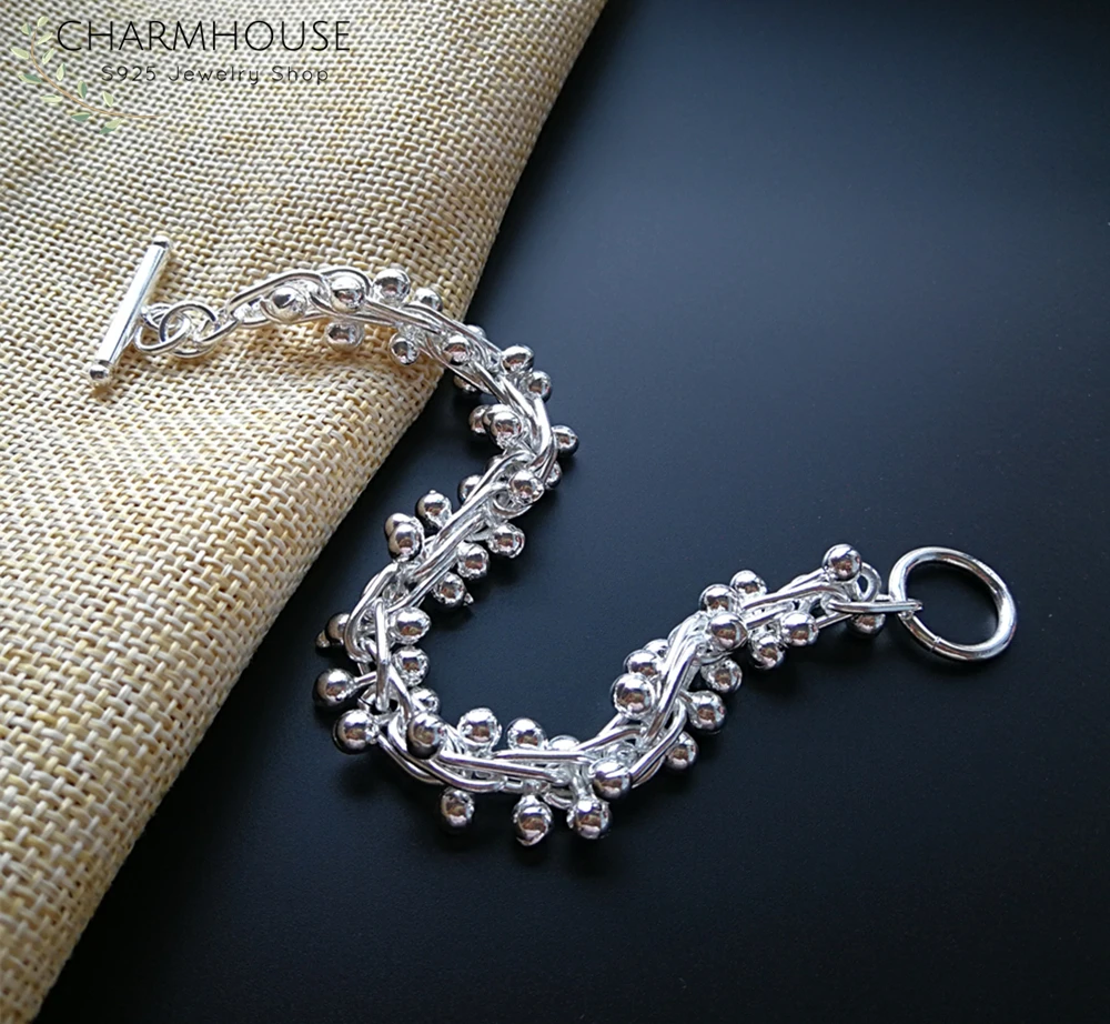Charmhouse Твердые 925 серебряные браслеты для женщин виноградные бусы цепь браслет на