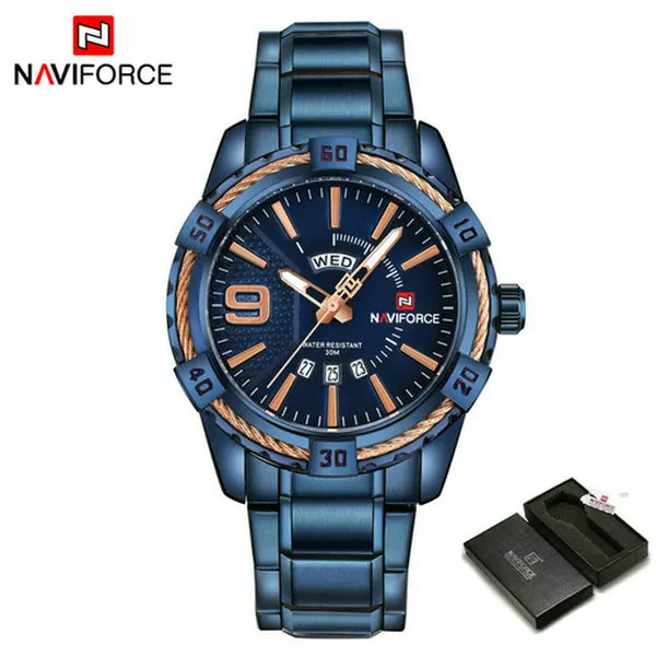 NAVIFORCE брендовые новые мужские спортивные часы, мужские водонепроницаемые аналоговые кварцевые наручные часы, мужские золотые часы с календарем из нержавеющей стали - Цвет: Blue with Box