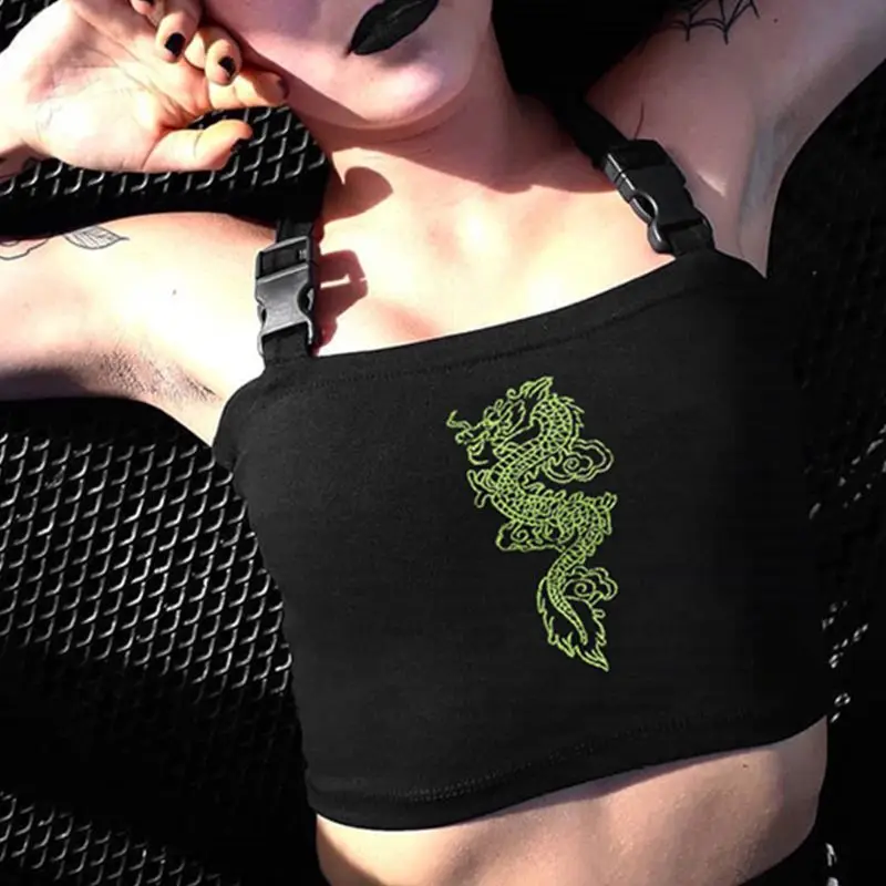 Женские пикантные китайский дракон вышивка кроп Топ Quick Release с пряжкой и