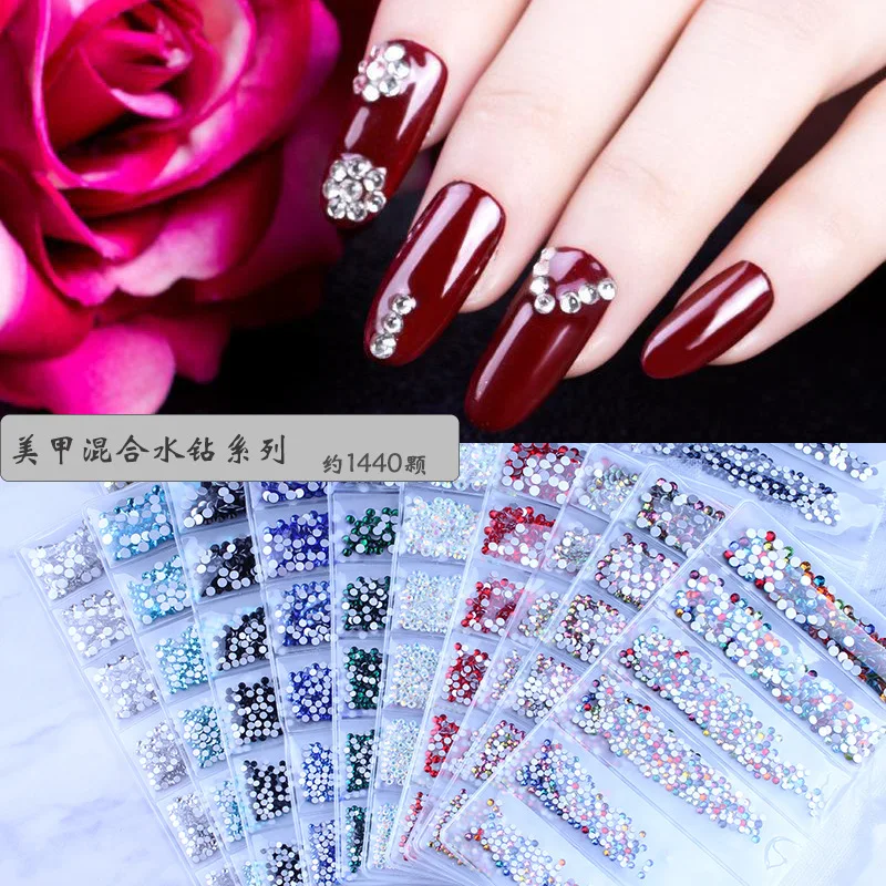 1440pcs /bag glass nail art diamond flat Rhinestone 6 grid size mixed nail stickers jewelry magic color rhinestones 20 colors, Z