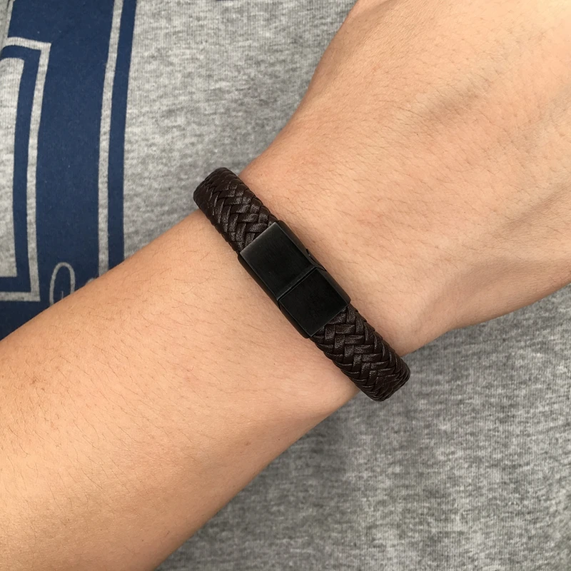 Женский плетеный кожаный браслет черный стальной Магнитный модный мужской BB503 |