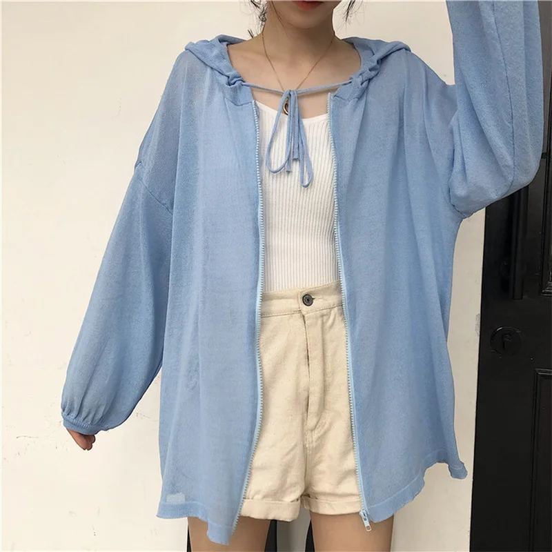 Sun protection womens clothin tide 2019 summer perspective vintage Korean loose hooded Sweaters cardigan hipster coat ladies top |