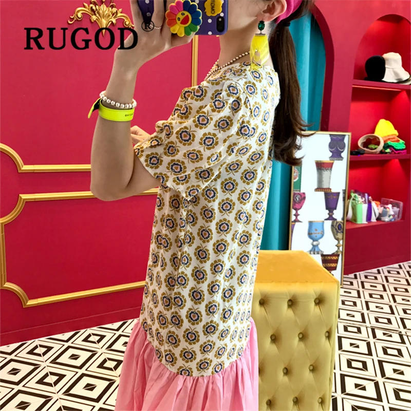 Женское платье с геометрическим принтом RUGOD летнее в Корейском стиле оборками и