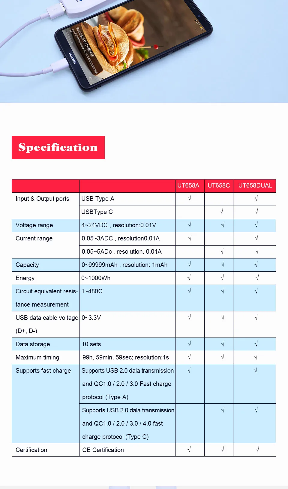 UNI-T UT658 серия USB измеритель мощности и тестер USB-A и USB-C цифровой измеритель напряжения/тока/емкости/энергии/сопротивления