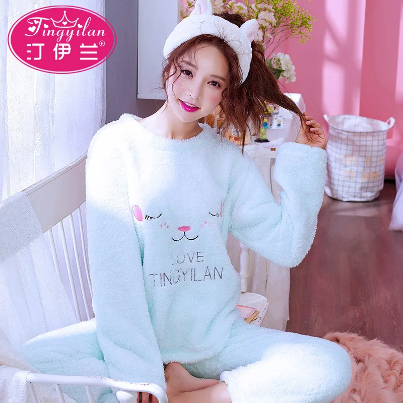 Women Pyjamas Осень-зима, женские пижамные комплекты, толстый теплый коралловый бархатный Пижамный костюм, фланелевая длинная Пижама, Mujer, мультяшная Пижама с надписями и животными - Цвет: Women Pyjamas