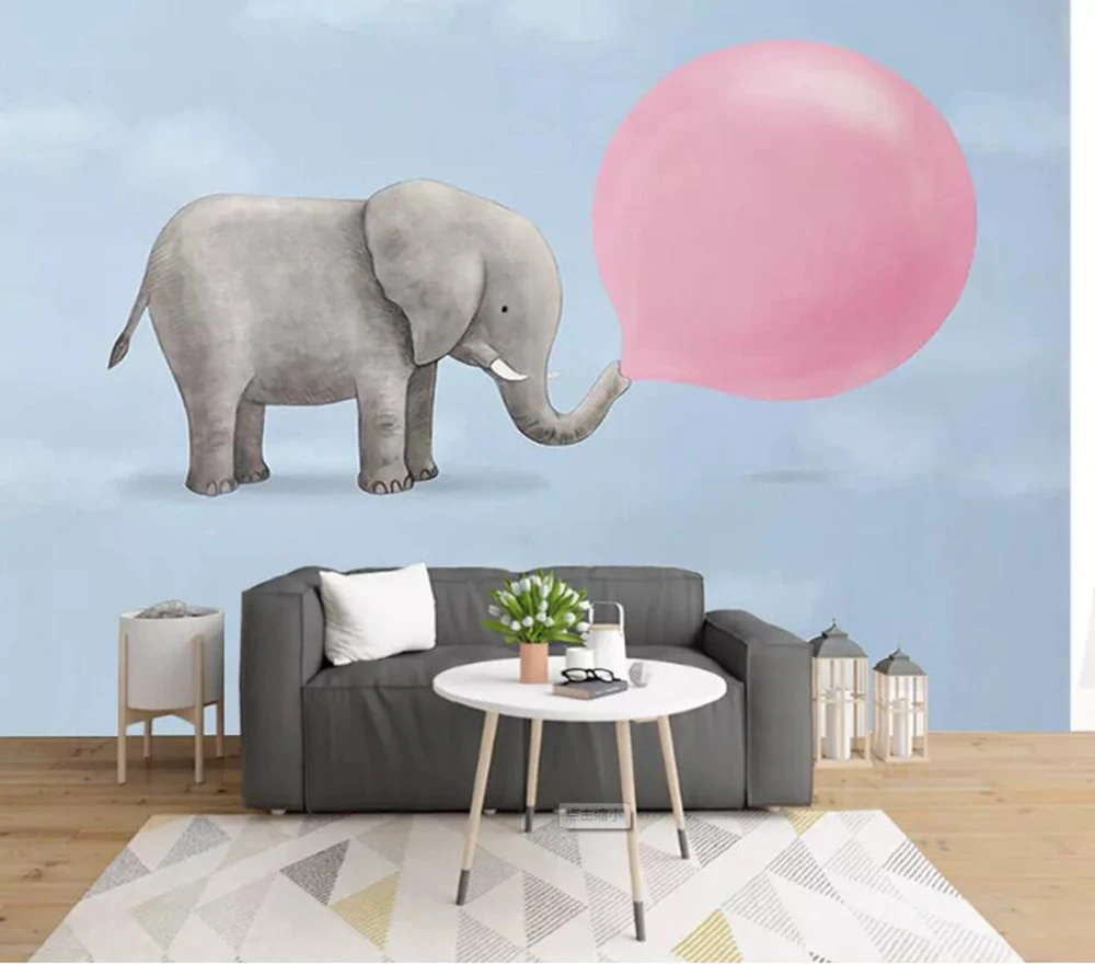

Nordic hand-painted blowing bubbles of small elephant children's room 3D background wall decoration wallpaper murals