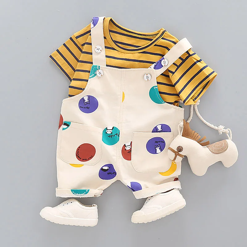 

Fashion Children Clothing Sets Kids Clothes Boys Cotton Short Sleeve Striped Letter T-shirt+Cartoon Dot Overalls Pants Boys Suit